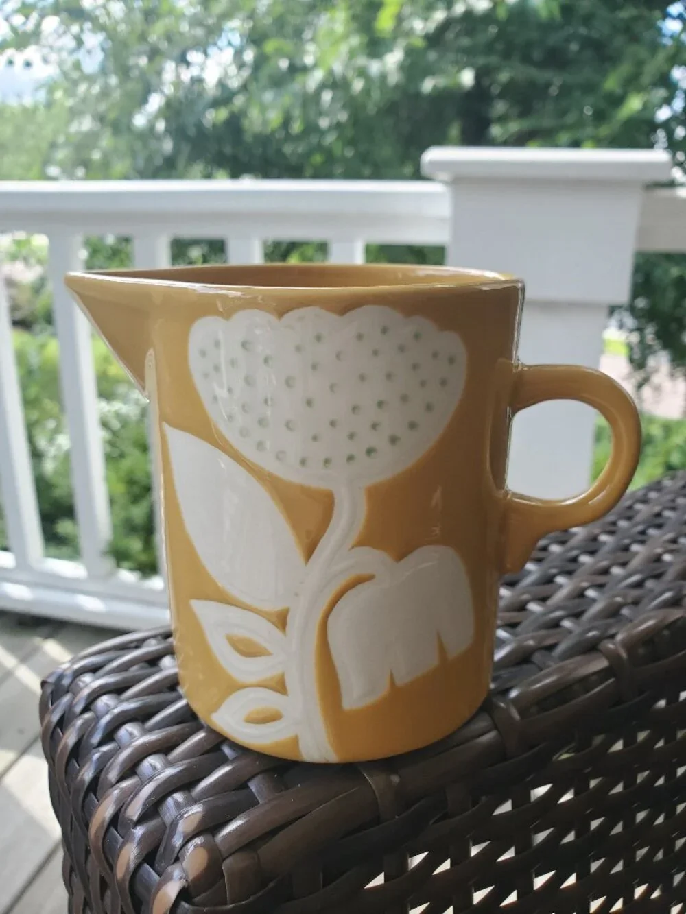 Kenzie Kae (Olika) mustard yellow pitcher with off white flower (4 in tall)
